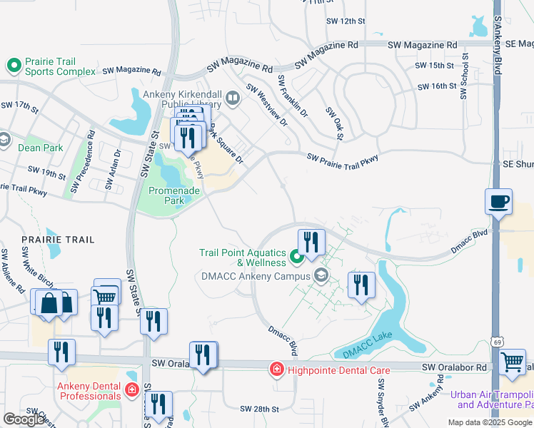 map of restaurants, bars, coffee shops, grocery stores, and more near 2176-2220 Dmacc Boulevard in Ankeny
