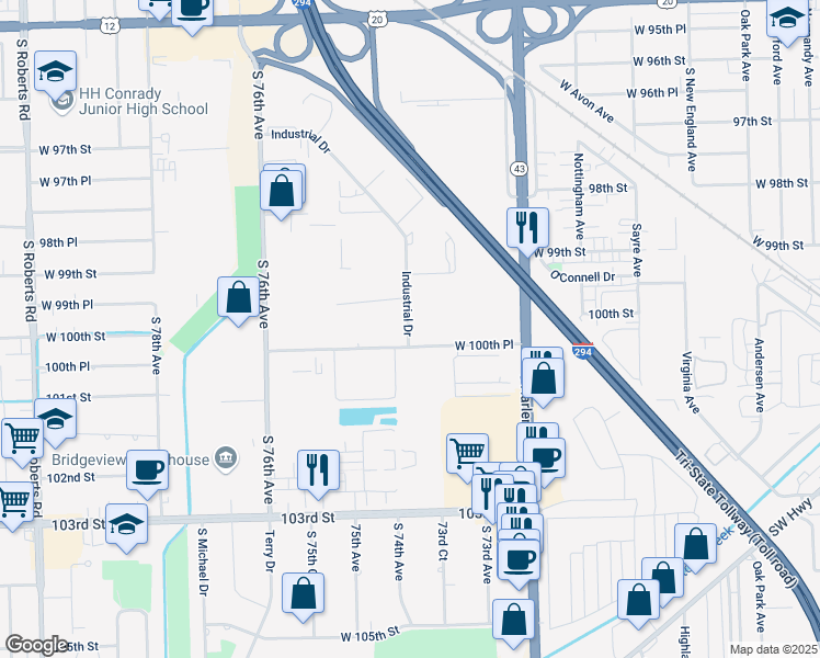 map of restaurants, bars, coffee shops, grocery stores, and more near in Bridgeview