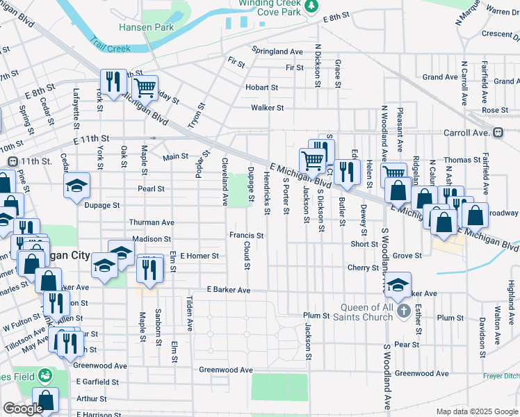 map of restaurants, bars, coffee shops, grocery stores, and more near 222 Cloud Street in Michigan City