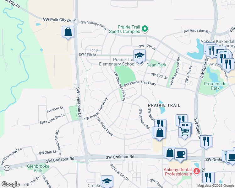 map of restaurants, bars, coffee shops, grocery stores, and more near 2056 Southwest Cascade Falls Drive in Ankeny