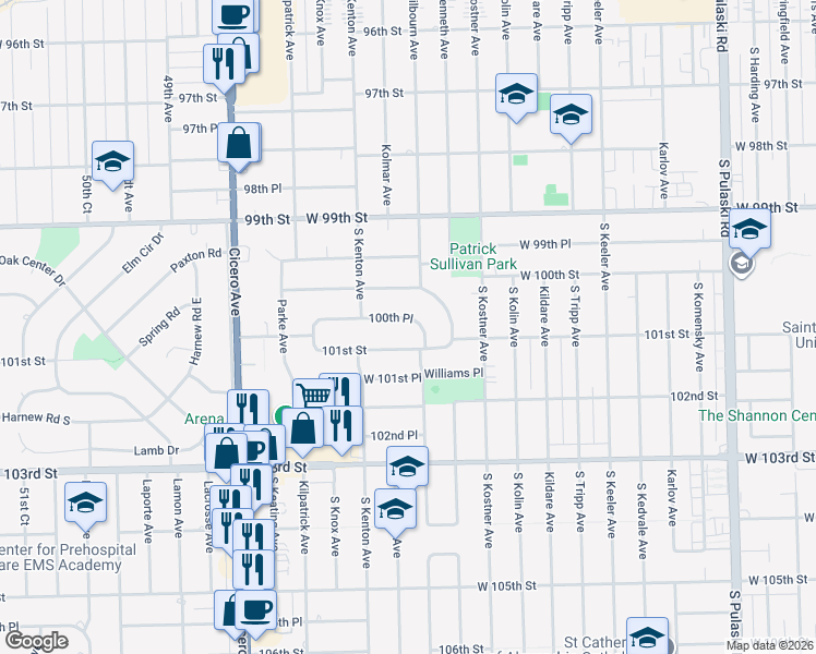 map of restaurants, bars, coffee shops, grocery stores, and more near 4504 101st Street in Oak Lawn