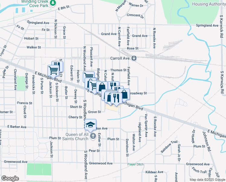 map of restaurants, bars, coffee shops, grocery stores, and more near 144 N Ashland Ave in Michigan City