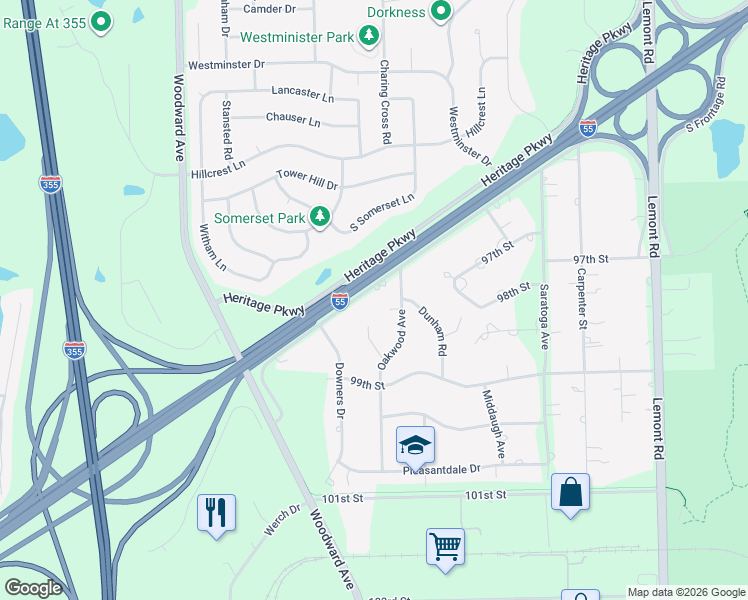 map of restaurants, bars, coffee shops, grocery stores, and more near 281 South Frontage Road in Lemont