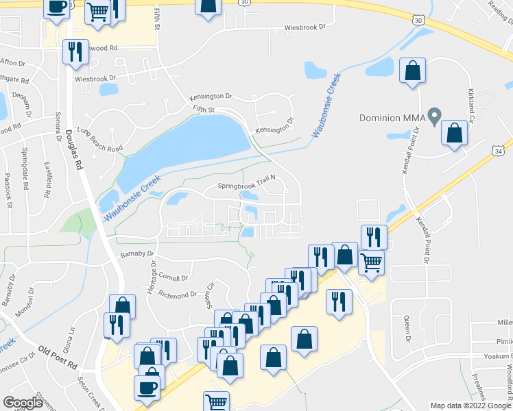 map of restaurants, bars, coffee shops, grocery stores, and more near 2020 Farmington Lakes Drive in Oswego
