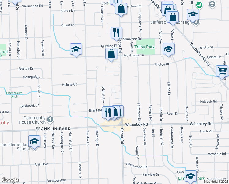 map of restaurants, bars, coffee shops, grocery stores, and more near 5133 Secor Road in Toledo
