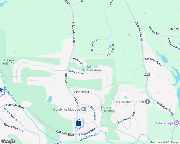 map of restaurants, bars, coffee shops, grocery stores, and more near 105 Auburn East Lane in Coralville