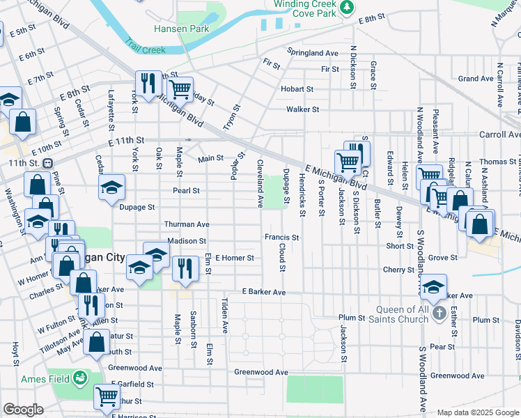 map of restaurants, bars, coffee shops, grocery stores, and more near 398 Cleveland Ave in Michigan City