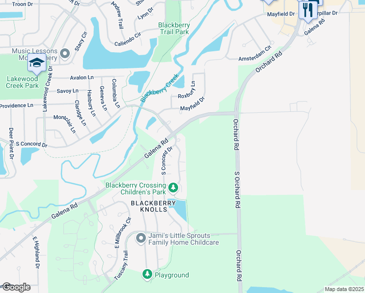 map of restaurants, bars, coffee shops, grocery stores, and more near 100 South Concord Drive in Oswego