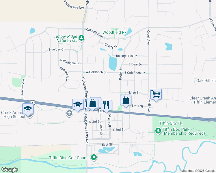 map of restaurants, bars, coffee shops, grocery stores, and more near 475 Lilac Street in Tiffin