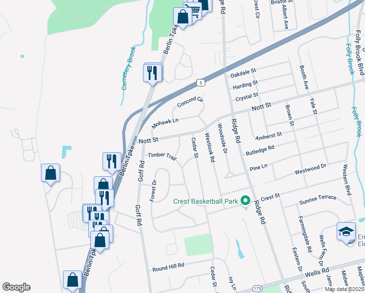 map of restaurants, bars, coffee shops, grocery stores, and more near 5 Cedar Street in Wethersfield