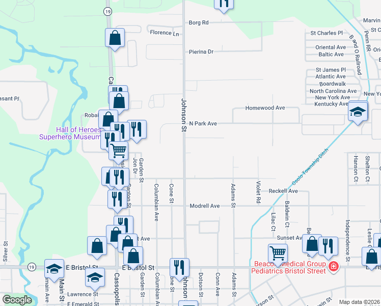 map of restaurants, bars, coffee shops, grocery stores, and more near 1201 Country Club Drive in Elkhart