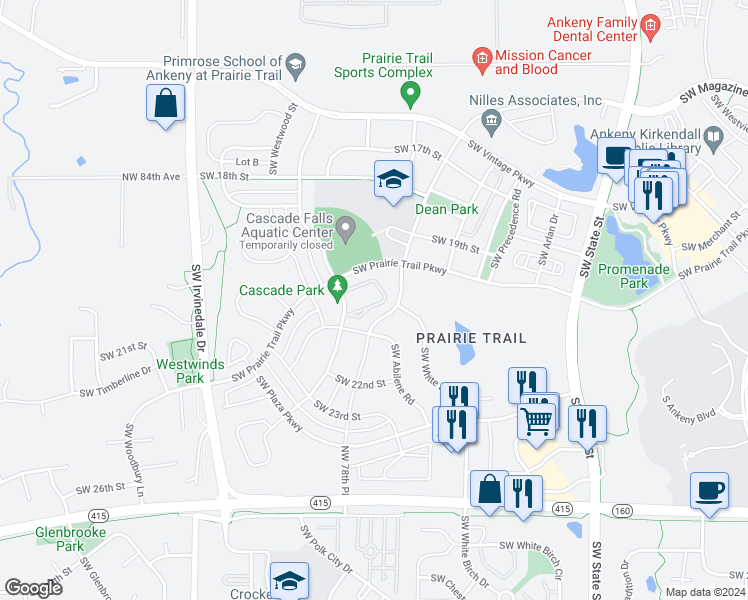 map of restaurants, bars, coffee shops, grocery stores, and more near 2059 Southwest Cascade Falls Drive in Ankeny