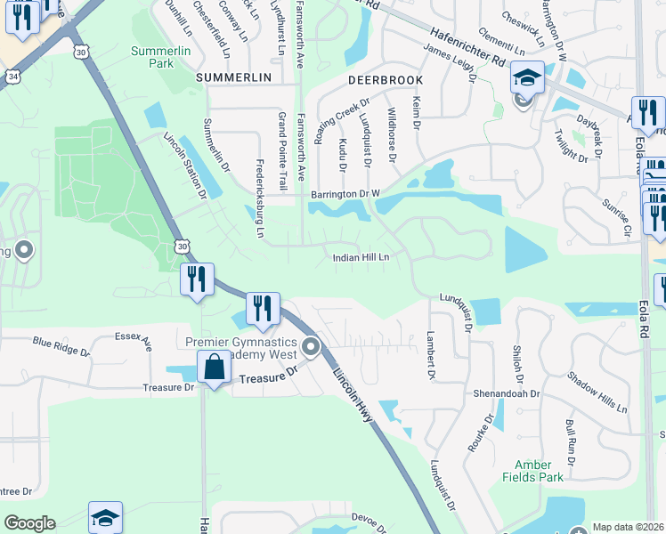 map of restaurants, bars, coffee shops, grocery stores, and more near 1815 Indian Hill Lane in Aurora