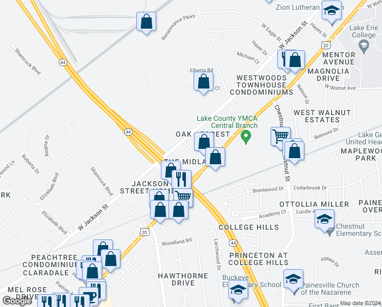 map of restaurants, bars, coffee shops, grocery stores, and more near 63 Lincoln Boulevard in Painesville