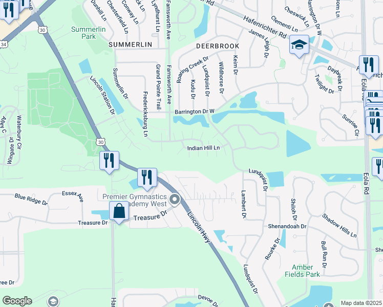 map of restaurants, bars, coffee shops, grocery stores, and more near 1815 Indian Hill Lane in Aurora