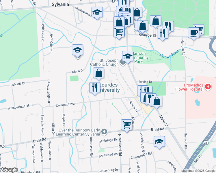 map of restaurants, bars, coffee shops, grocery stores, and more near 6832 Convent Boulevard in Sylvania