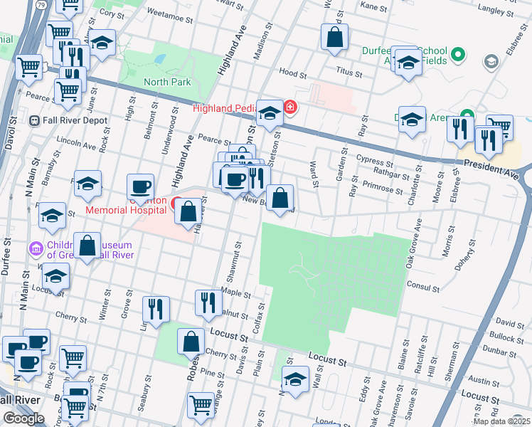 map of restaurants, bars, coffee shops, grocery stores, and more near 282 New Boston Road in Fall River