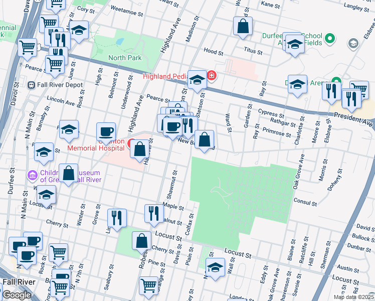 map of restaurants, bars, coffee shops, grocery stores, and more near 282 New Boston Road in Fall River