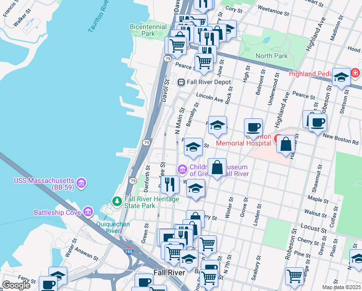 map of restaurants, bars, coffee shops, grocery stores, and more near 16 Barnaby Street in Fall River
