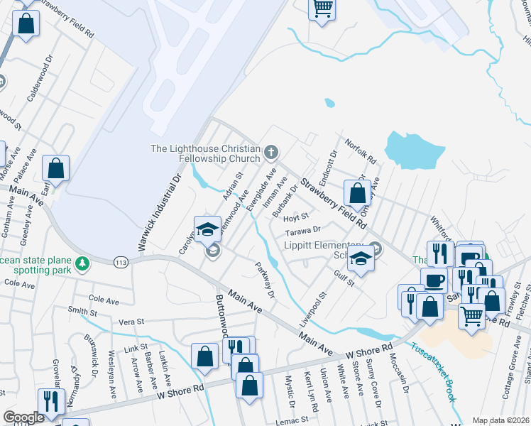 map of restaurants, bars, coffee shops, grocery stores, and more near 57 Inman Avenue in Warwick