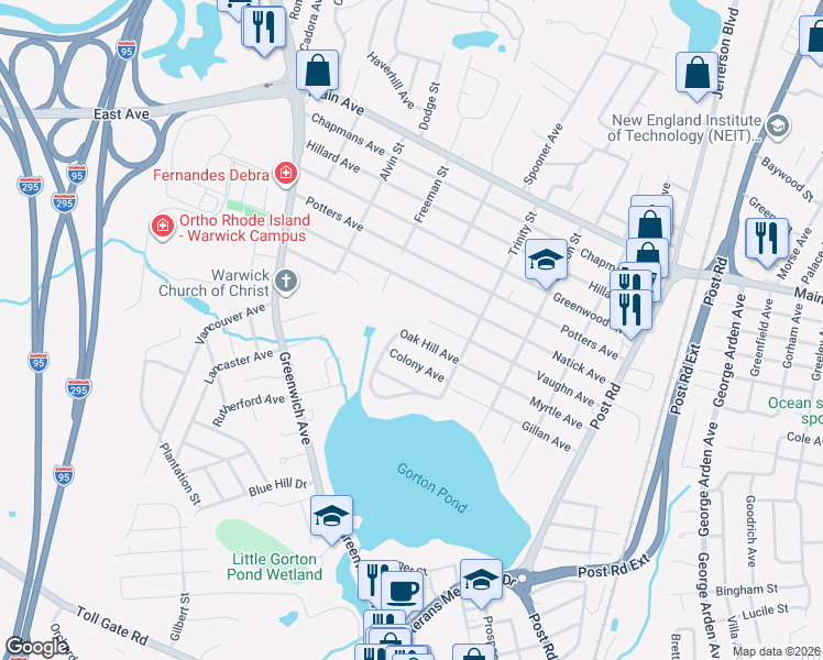 map of restaurants, bars, coffee shops, grocery stores, and more near 220 Natick Avenue in Warwick