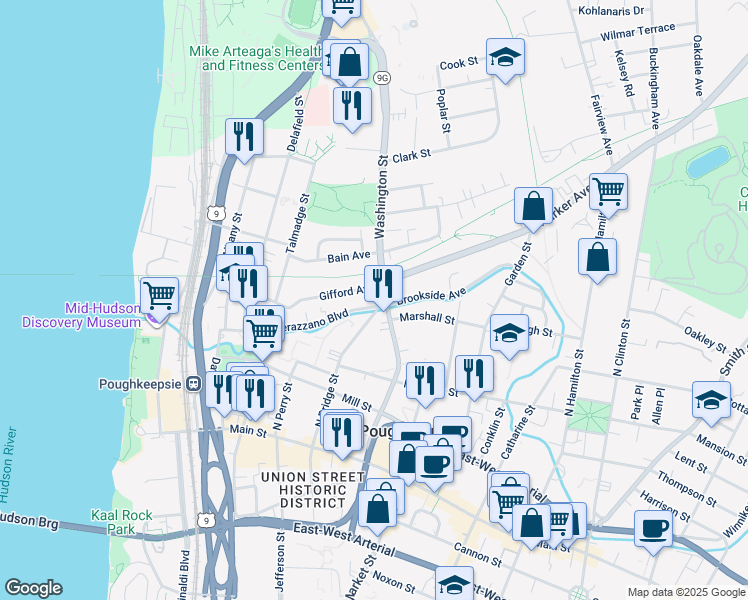 map of restaurants, bars, coffee shops, grocery stores, and more near 60 Gifford Avenue in Poughkeepsie