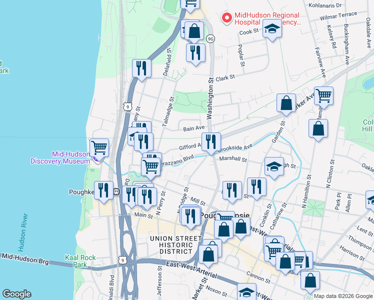 map of restaurants, bars, coffee shops, grocery stores, and more near 34 Gifford Avenue in Poughkeepsie