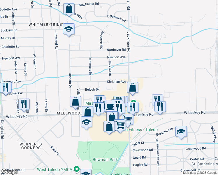 map of restaurants, bars, coffee shops, grocery stores, and more near 1818 Christian Avenue in Toledo