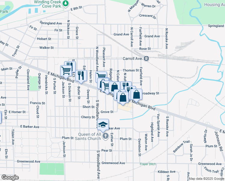 map of restaurants, bars, coffee shops, grocery stores, and more near 127 Ridgeland Avenue in Michigan City