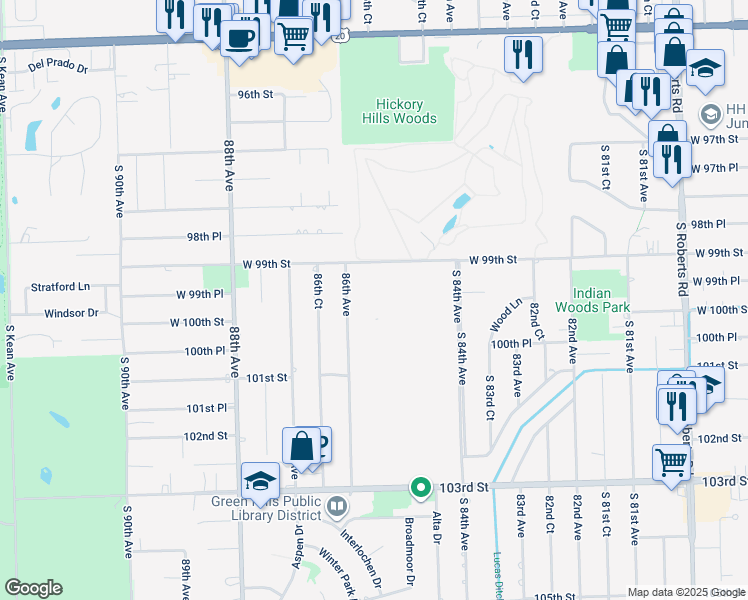 map of restaurants, bars, coffee shops, grocery stores, and more near 8531-8593 West 99th Terrace in Palos Hills
