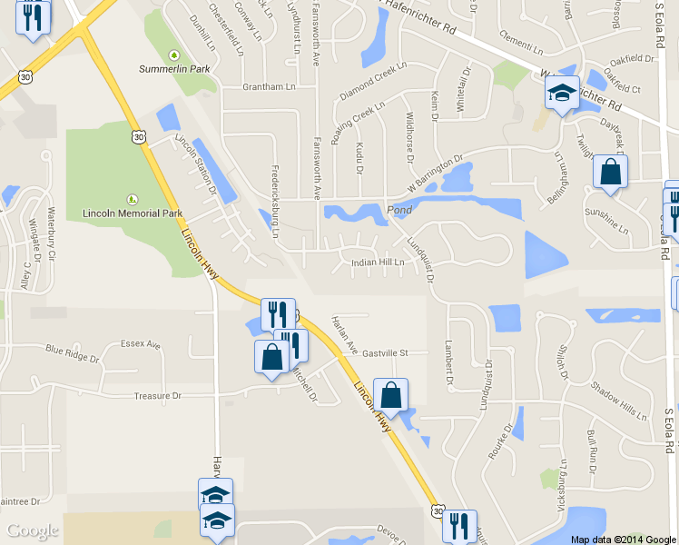map of restaurants, bars, coffee shops, grocery stores, and more near 1751 Fredericksburg Lane in Aurora