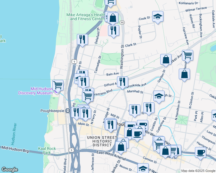 map of restaurants, bars, coffee shops, grocery stores, and more near 41 Gifford Avenue in Poughkeepsie