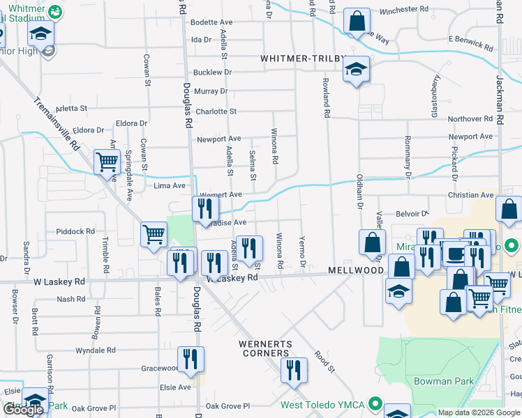 map of restaurants, bars, coffee shops, grocery stores, and more near 2275 Wernert Avenue in Toledo
