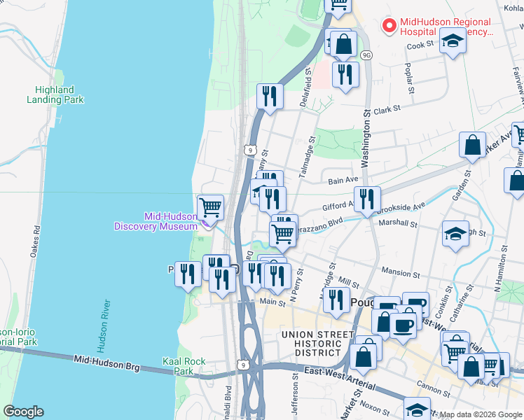 map of restaurants, bars, coffee shops, grocery stores, and more near 40 Albany Street in Poughkeepsie