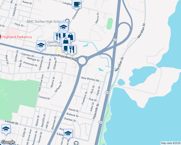 map of restaurants, bars, coffee shops, grocery stores, and more near 1917 President Avenue in Fall River