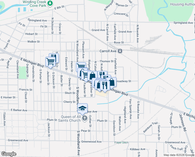 map of restaurants, bars, coffee shops, grocery stores, and more near 144 North Ashland Avenue in Michigan City