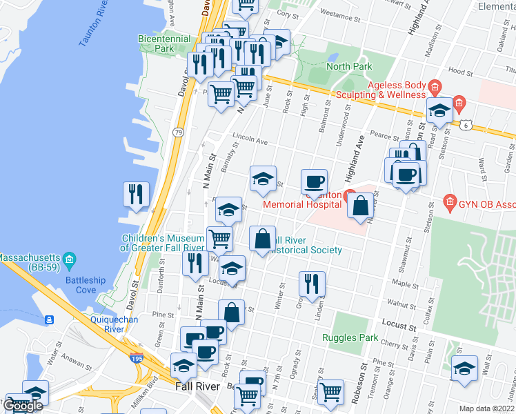 map of restaurants, bars, coffee shops, grocery stores, and more near 604 Rock Street in Fall River