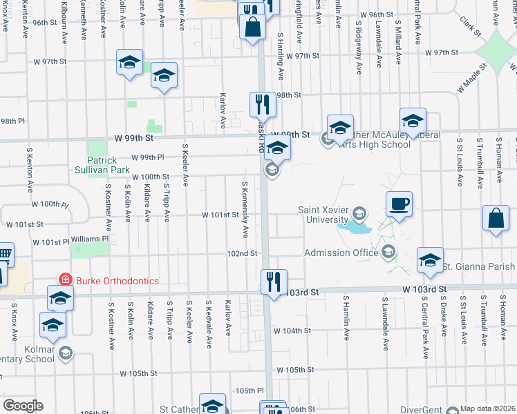 map of restaurants, bars, coffee shops, grocery stores, and more near 10022 South Pulaski Road in Oak Lawn