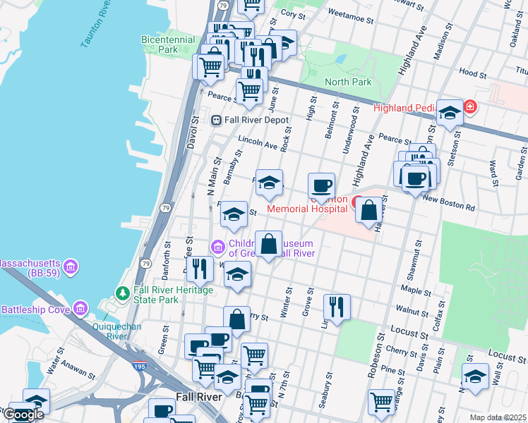 map of restaurants, bars, coffee shops, grocery stores, and more near 604 Rock Street in Fall River