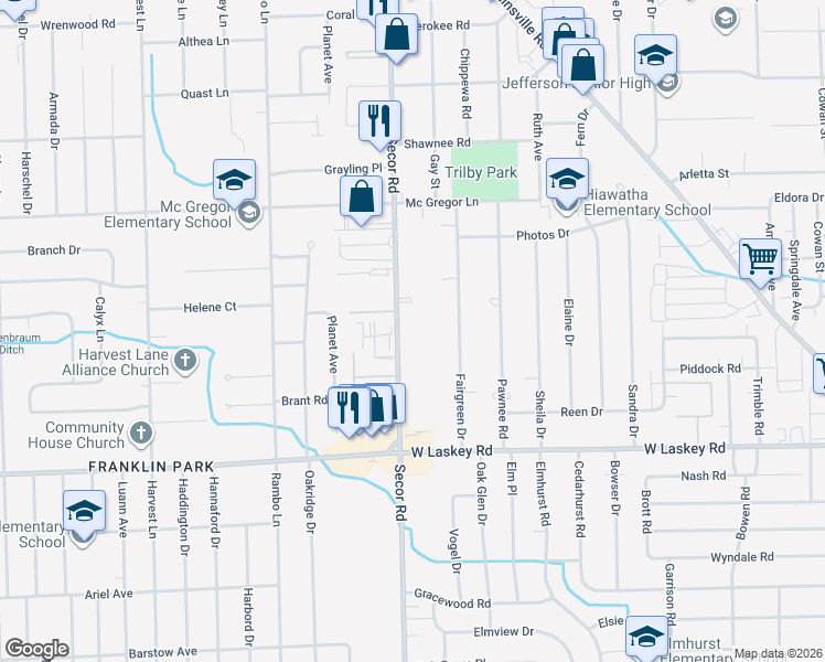 map of restaurants, bars, coffee shops, grocery stores, and more near 5216 Secor Road in Toledo