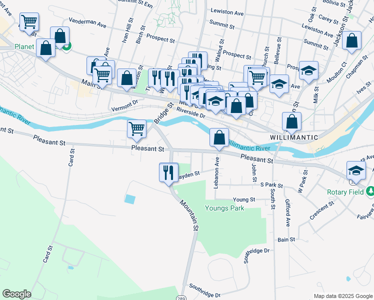 map of restaurants, bars, coffee shops, grocery stores, and more near 333 Pleasant Street in Windham