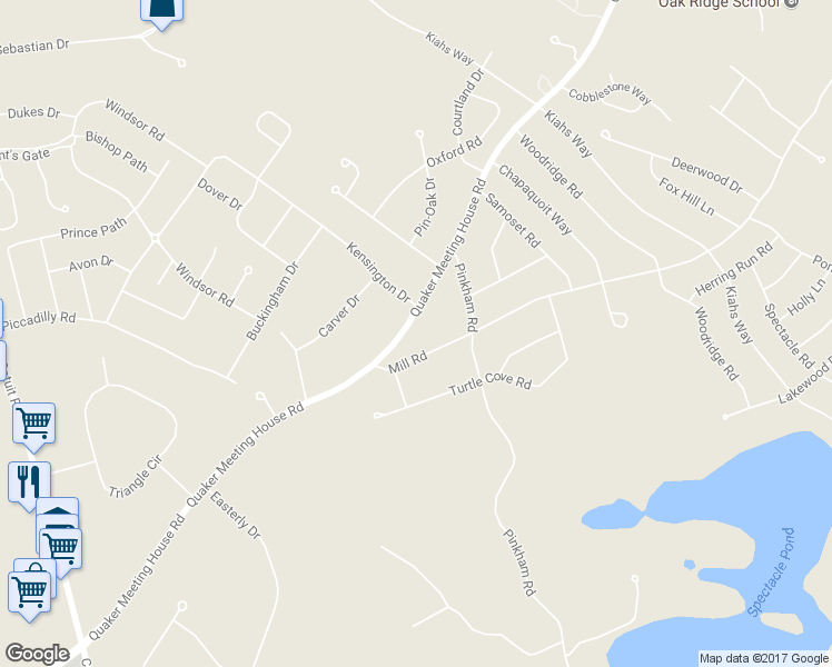 map of restaurants, bars, coffee shops, grocery stores, and more near 186 Quaker Meeting House Road in Sandwich