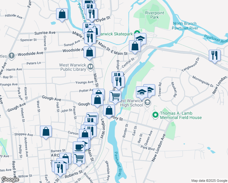 map of restaurants, bars, coffee shops, grocery stores, and more near 45 Providence Street in West Warwick