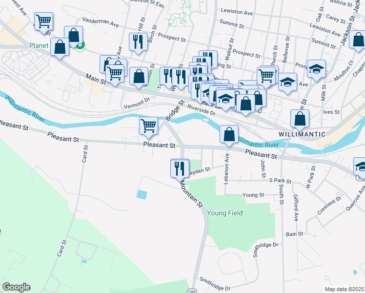 map of restaurants, bars, coffee shops, grocery stores, and more near Pleasant Street in Windham