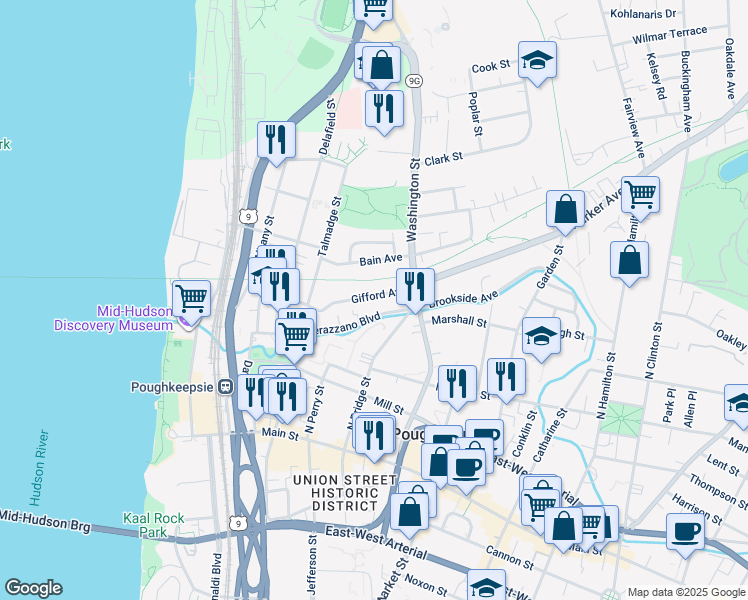 map of restaurants, bars, coffee shops, grocery stores, and more near 26 Talmadge Street in Poughkeepsie