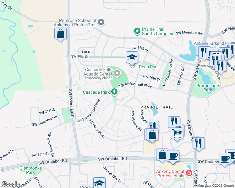 map of restaurants, bars, coffee shops, grocery stores, and more near 2011 Southwest Cascade Falls Drive in Ankeny