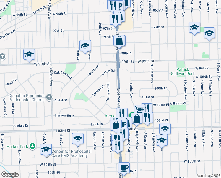 map of restaurants, bars, coffee shops, grocery stores, and more near 10025 Harnew Road East in Oak Lawn