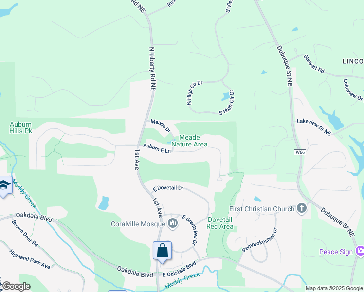map of restaurants, bars, coffee shops, grocery stores, and more near 105 Auburn East Lane in Coralville