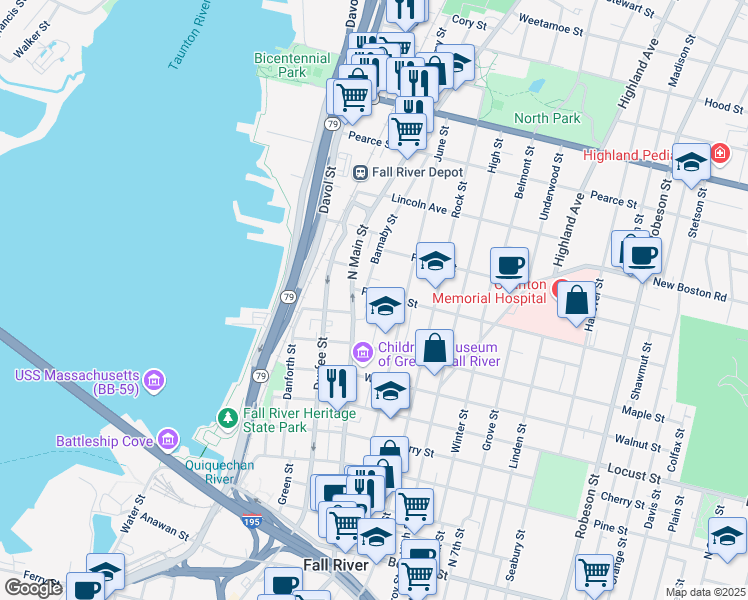 map of restaurants, bars, coffee shops, grocery stores, and more near 16 Barnaby Street in Fall River