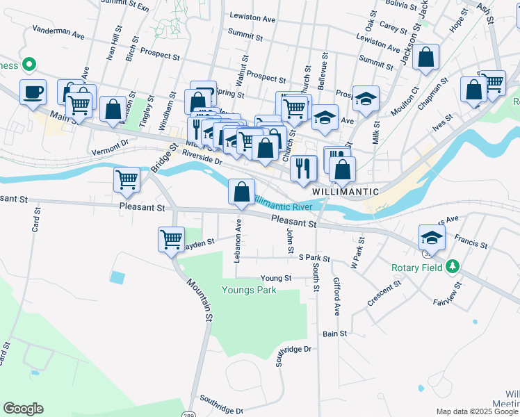 map of restaurants, bars, coffee shops, grocery stores, and more near 712 Main Street in Windham